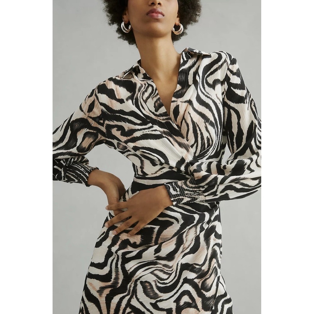 Anthropologie Plisse Zebra Print Wrap Mini Dress Black White Long Sleeve Smocked